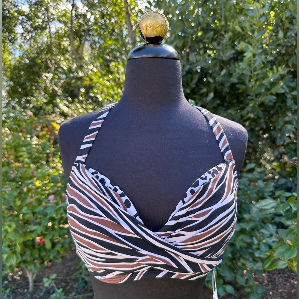 Bleu Rod Beattie Black, White, Brown Zebra Print Halter Swim Top, NWOT